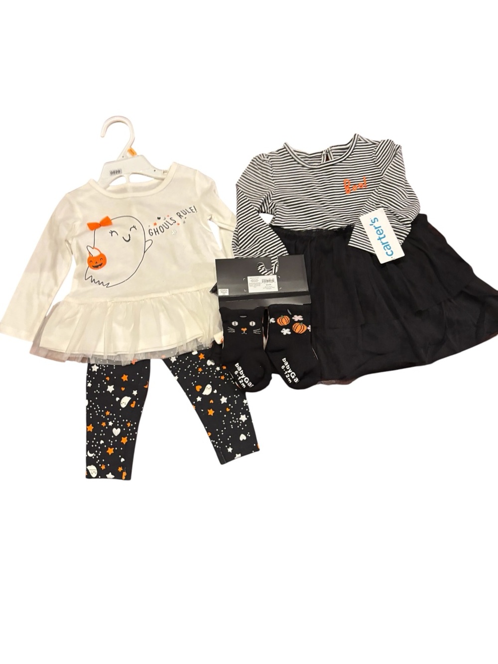 NWT Carter’s 12M 2 pc Halloween pants outfit, dress and Baby Gap Halloween socks